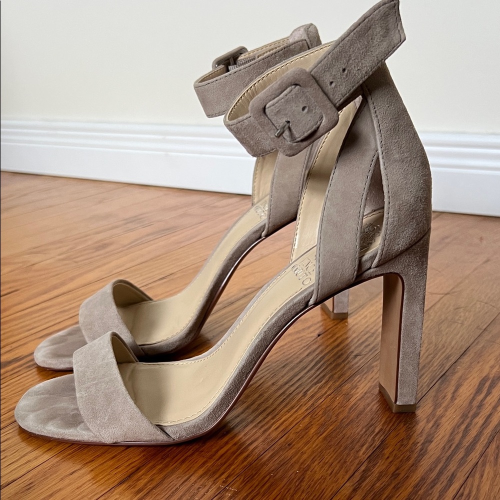 Women's Taupe Suede Ankle-Strap High Heel Sandals